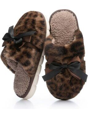 Women's Leopard Memory Foam Fuzzy Plush Cozy Shoes With Bow Comfortable Slippers
